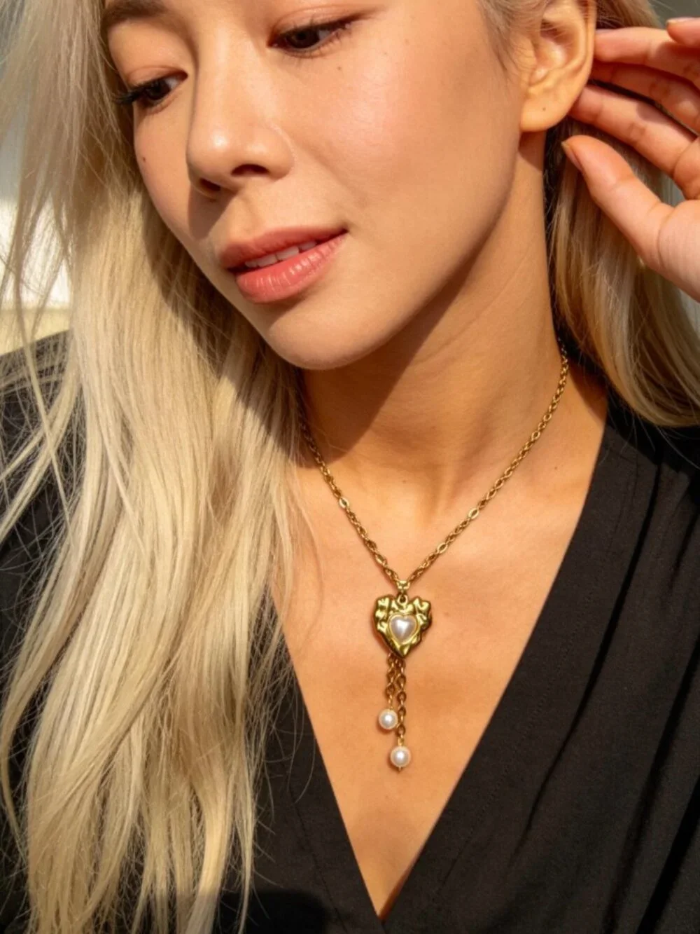 Gold Heart Pearl Drop Necklace Stainless Steel - Picture 7 of 13